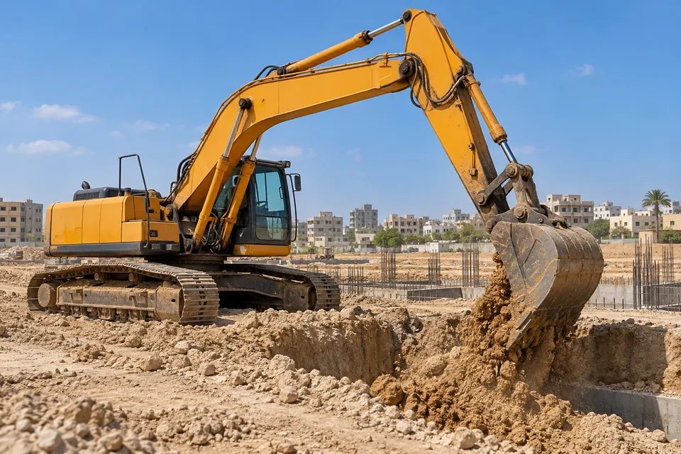 Illustrative excavator at a construction site