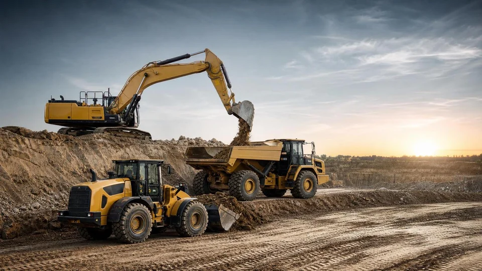 Illustrative construction site with dumper and loader
